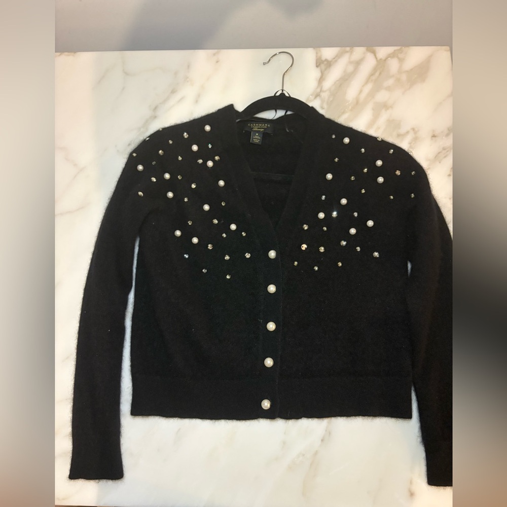 Charter Club Black cashmere Cardigan with Pearl Accents